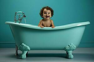 Cute baby in the bathtub a cinematic shot one-color background. High-resolution. AI Generative photo