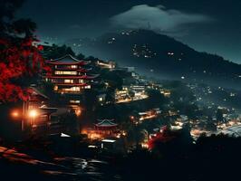 Close-up cinematic shot nighttime in the city in mountains. High-resolution. AI Generative photo