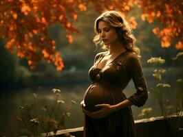 A pregnant woman in the autumn park. High-resolution. AI Generative photo