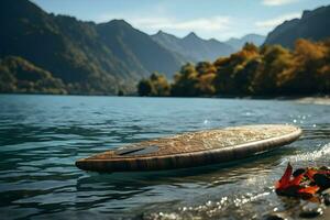 Close-up cinematic shot of the boat in the lake. High quality. AI Generative photo