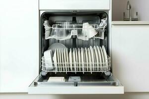 Front view of the open dishwasher with clean dishes inside. High quality. AI Generative photo