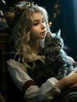 Side view of cute girl holding cat. High quality. AI Generative photo