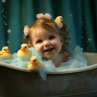 Cute baby in the bathtub with ducks and material. High-resolution. AI Generative photo