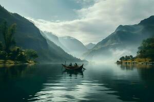 Close-up cinematic shot of the boat in the center of the lake. High quality. AI Generative photo