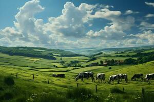 Cows grazing in the fields. High quality. AI Generative photo