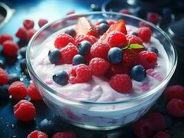 Yogurt with ice in a glass bowl with berries. High quality. AI Generative photo