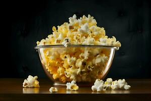 Popcorn in a glass bowl on a dark background. High quality. AI Generative photo
