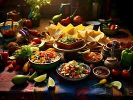 Colorful bright table with Mexican food. High-resolution. AI Generative photo