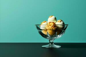 Ice cream in a glass bowl on the table in minimalism style on blue background. High quality. AI Generative photo