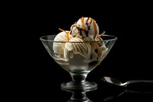 Ice cream in a glass bowl on the table minimalism on a dark background. High quality. AI Generative photo