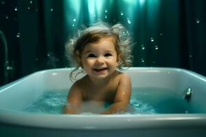 Cute baby in bathtub a cinematic shot one color background. High quality. AI Generative photo