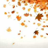 Hundreds of autumn leaves fall and fly on a white background. High-resolution. AI Generative photo