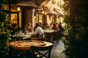 Photo of an Italian restaurant with pizza. High-resolution. AI Generative