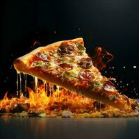 Slice of pizza in fire. High-resolution. AI Generative photo