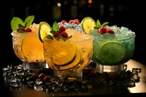 Fresh cocktails with ice lemon-lime and fruits in wide glasses. High quality. AI Generative photo