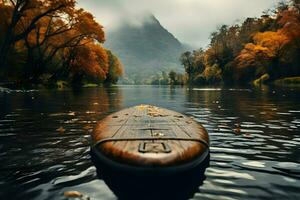 Close-up cinematic shot of the boat in the lake. High quality. AI Generative photo