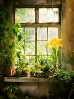 Old window with plants and flowers. High quality. AI Generative photo