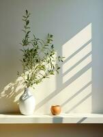 Plants under the sun near the wall minimalism. High-resolution. AI Generative photo