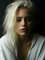 Close-up photo of a depressed blond hair woman side views minimalism. High-resolution. AI Generative