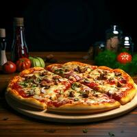Tasty pizza on the table in the restaurant. High quality. AI Generative photo