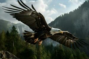 Photo of eagle over the forest. High quality. AI Generative