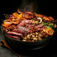A grill with a variety of meats on it in round plate. High quality. AI Generative photo