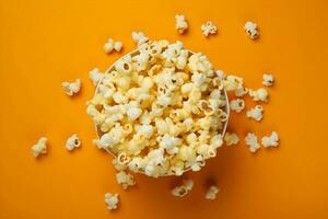 Top view photo of popcorn on yellow background minimalism. High-resolution. AI Generative