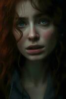Beautiful portrait of a sad redhead woman. High quality. AI Generative photo