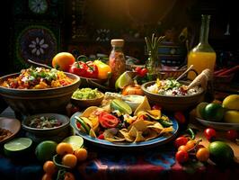 Colorful bright table with Mexican food.  High quality. AI Generative photo