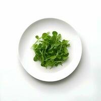 Top view of arugula leaf on a white plate. High quality. AI Generative photo