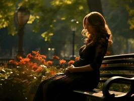 un embarazada mujer sentado en el parque. alta resolución. ai generativo foto