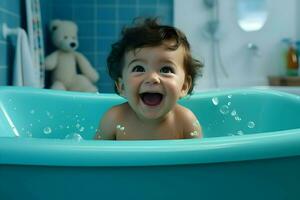 Cute baby in bathtub a cinematic shot one-color background. High quality. AI Generative photo