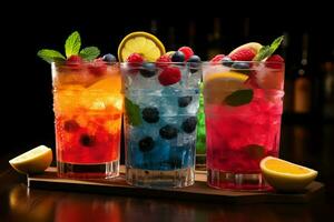 Side view of fresh cocktails with ice lemon-lime and fruits. High quality. AI Generative photo