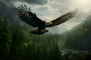 Realistic photo of an eagle over the forest. High-resolution. AI Generative