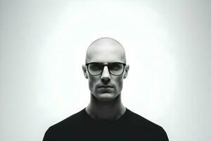 A bald man in specs minimalism black and white photo. High quality. AI Generative photo