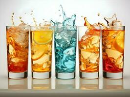 Glasses with juice and ice with splashes on the white background. High quality. AI Generative photo