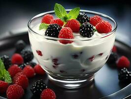 Yogurt with ice in a glass bowl with berries. High quality. AI Generative photo