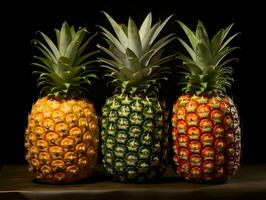 Tres ananas en un oscuro antecedentes. alta resolución. ai generativo foto