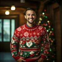 National Ugly Christmas Sweater Day happy man. High quality. AI Generative photo