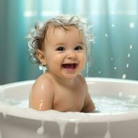 Cute smiling baby in the bathtub. High quality. AI Generative photo