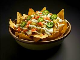 Nachos with jalapeno in a bowl. High quality. AI Generative photo