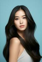 Young Asian beauty woman model with long hair with Korean makeup on a blue background. High quality. AI Generative photo