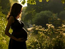 Silhouette of a pregnant woman in the park. High-resolution. AI Generative photo