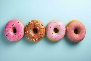 Photo of pink donats lined up in a row on blue background minimalism. High quality. AI Generative