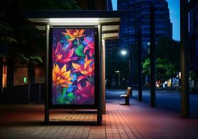 flowers bus stop poster dmg 2d mockup. AI Generated photo