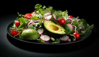 green salad with avocado and avocado mixed vegetables radishes greens. AI Generated photo