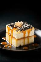 Cheesecake Squares with Honey Glaze Pointillist Dots. AI Generated photo