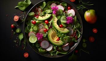 green salad with avocado and avocado mixed vegetables radishes greens. AI Generated photo