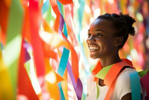 African Woman Smiles Behind Colorful Strips of Ribbon Tie Schoolgirl Lifestyle. AI Generated photo