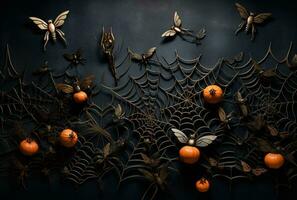 Halloween Web and Pumpkins on Black Background. AI Generated photo